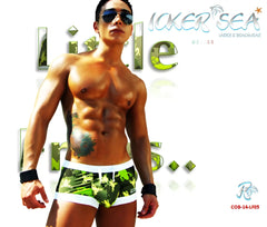 Icker Sea Little Frogs low square cut trunk swimwear in green and black camouflage with white trim for swimming