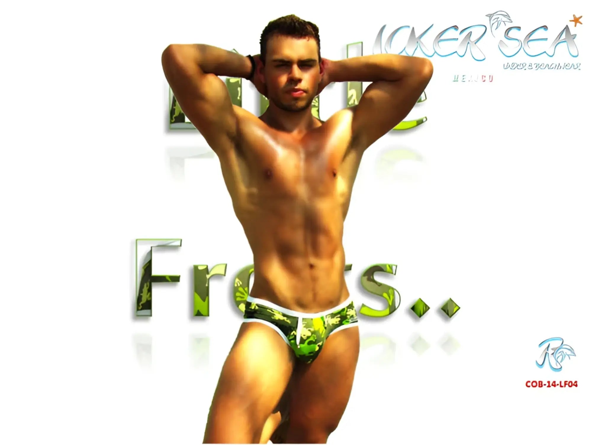 Icker Sea Little Frogs mini bikini swimwear green and white patterned swim trunks with tropical leaf design