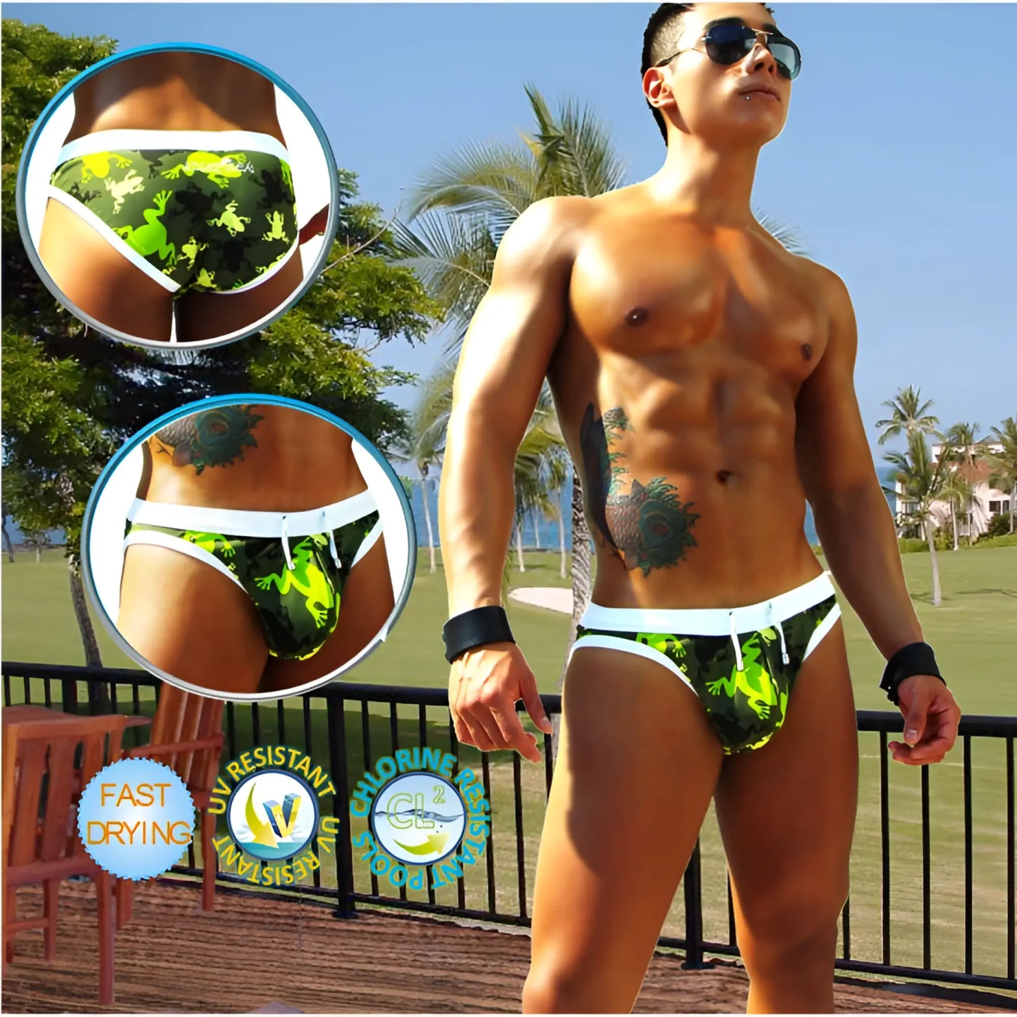 Icker Sea Little Frogs slip bikini swimwear featuring green and black camouflage swim trunks with white trim