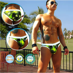 Icker Sea Little Frogs slip bikini swimwear featuring green and black camouflage swim trunks with white trim