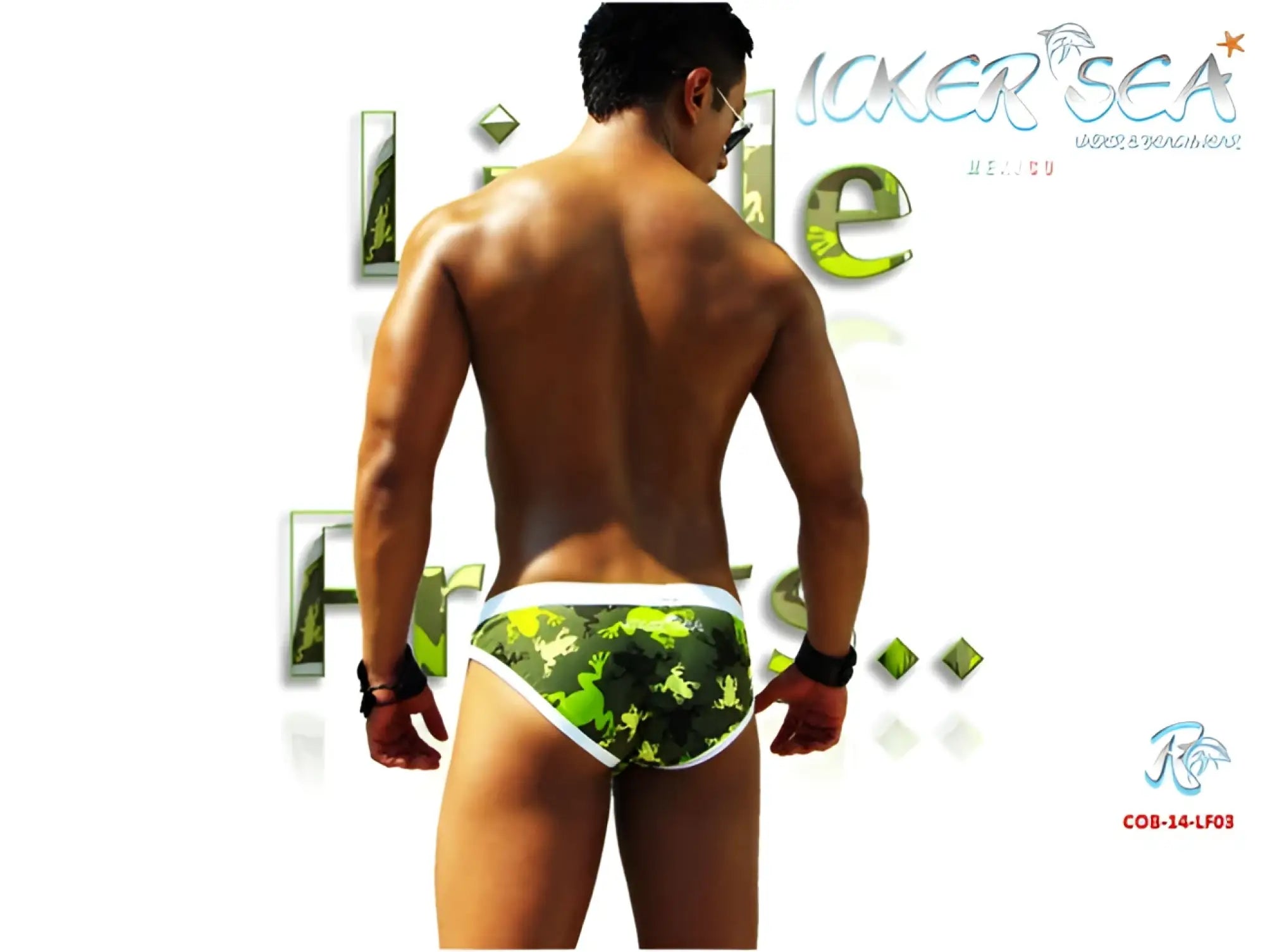 Icker Sea little frogs slip bikini swimwear featuring green and black camouflage swim trunks with white trim