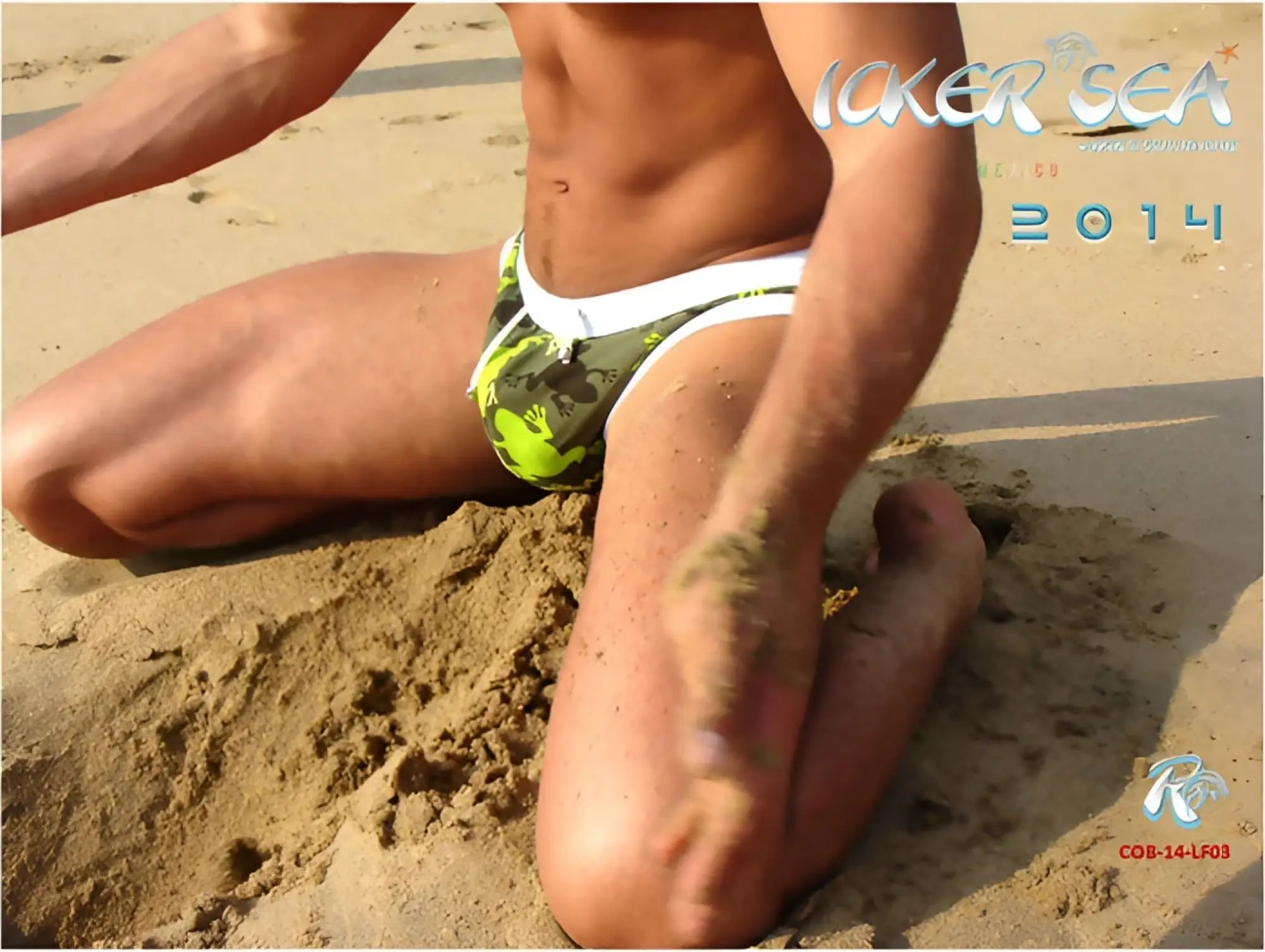 Icker Sea little frogs slip bikini swimwear swim trunks in neon green and black camouflage with white trim