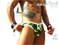 Icker Sea little frogs tanga thong swimwear in green and black camouflage with white trim for swimwear use