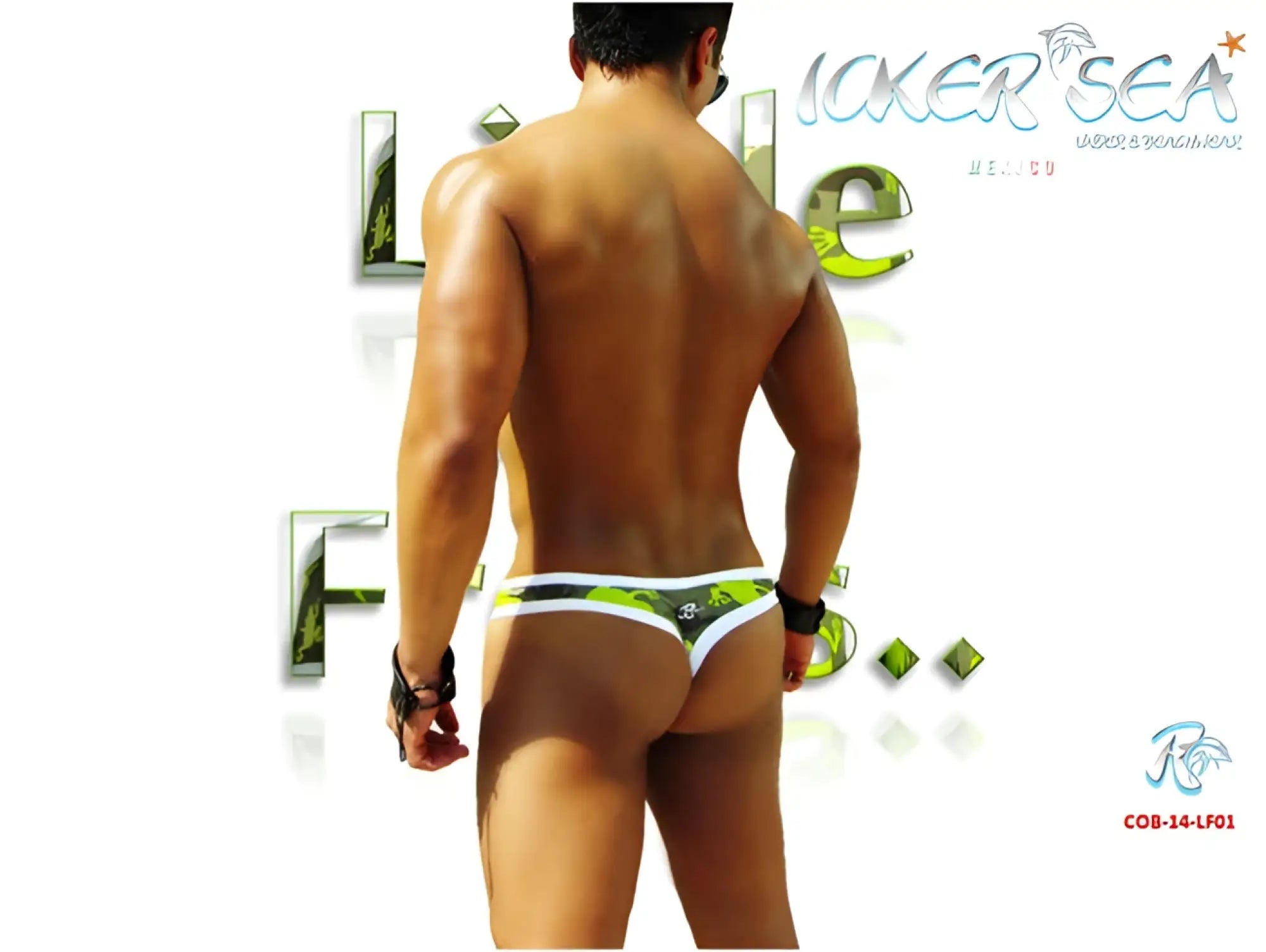 Icker Sea little frogs tanga thong swimwear in green and black patterned fabric with white trim front view