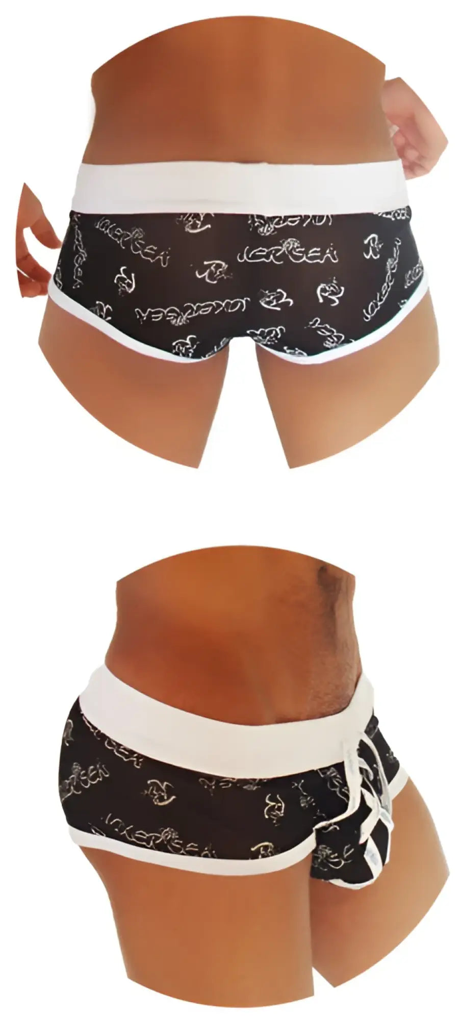 Black icker sea logo mesh lace front briefs with white trim featuring a repeating iced sea pattern