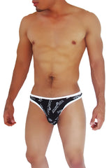 Black and white patterned men’s briefs with bold repeating ladies sex logo mesh thong underwear by icker sea