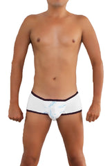 Icker sea logo pouch contrast trim mini boxer brief underwear in white with blue pattern and black trim