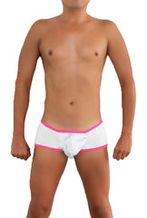 Icker Sea logo pouch contrast trim mini boxer brief underwear white with fuchsia trim and subtle blue pattern