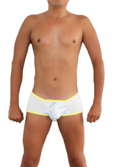 White icker sea logo pouch mini boxer briefs with light blue leaf pattern and bright yellow trim in cotton blend