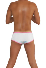 White icker sea logo pouch contrast trim mini boxer brief underwear back side with pink trim and blue floral pattern