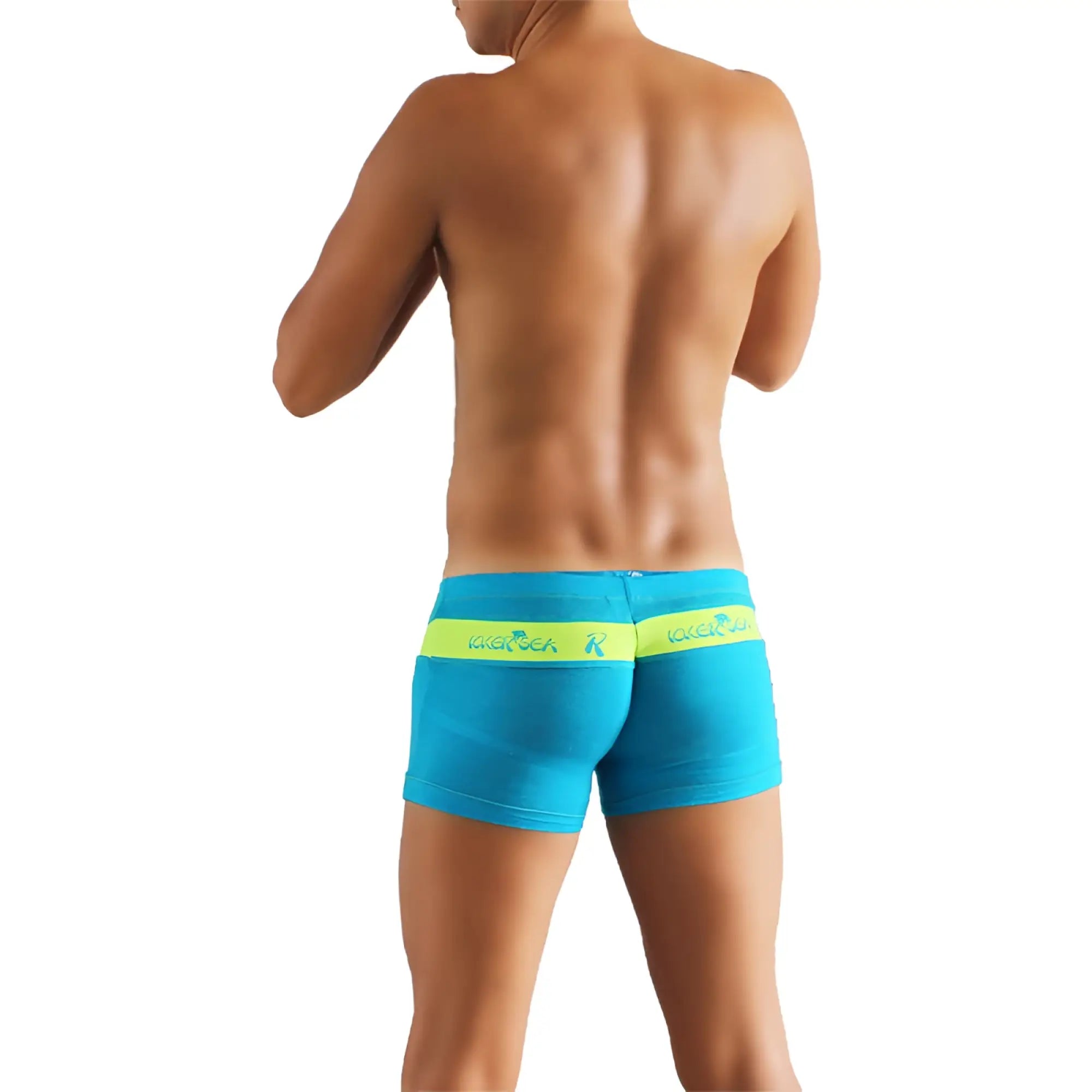 Bright blue rocker boxer briefs with neon yellow waistband featuring logo in icker sea logo stripe design