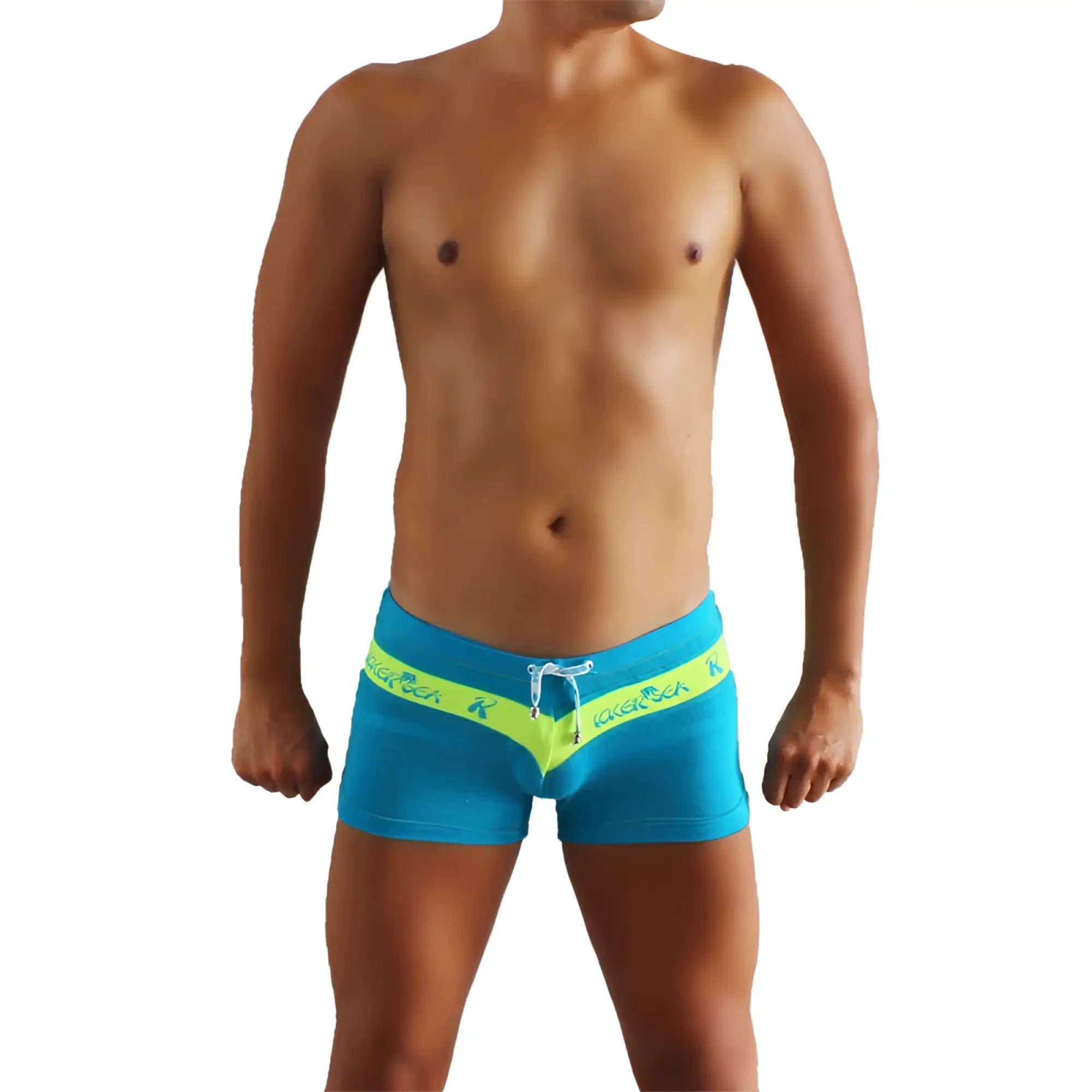 Icker sea logo stripe boxer brief underwear in bright blue with neon yellow waistband and white drawstring