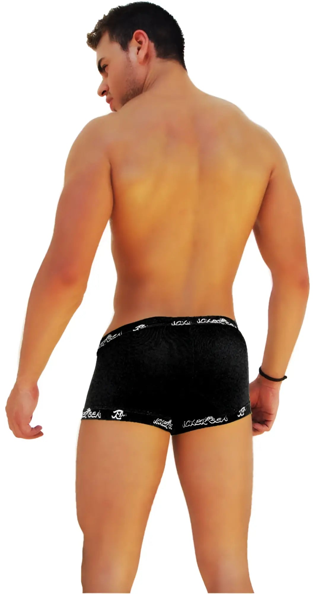 Black velvet boxer brief underwear by icker sea with white embroidered logo trim on waistband and leg openings