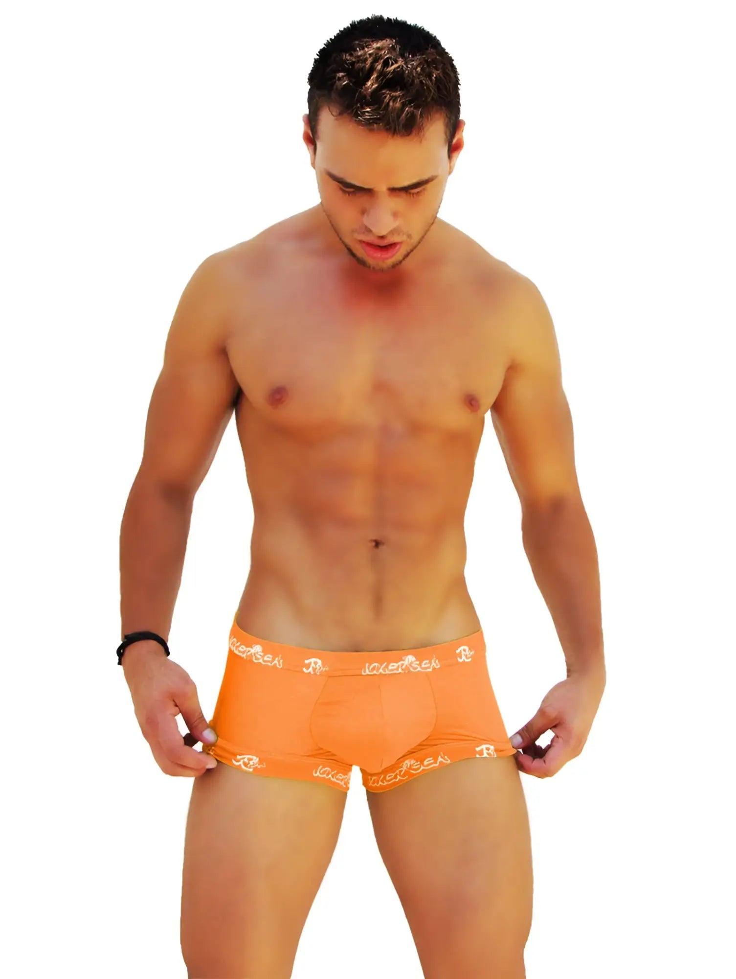 Orange icker sea logo trim boxer brief underwear with white r logo trim on front in breathable fabric