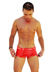 Red boxer briefs with white r logo trim from icker sea featuring comfortable fabric and stylish design