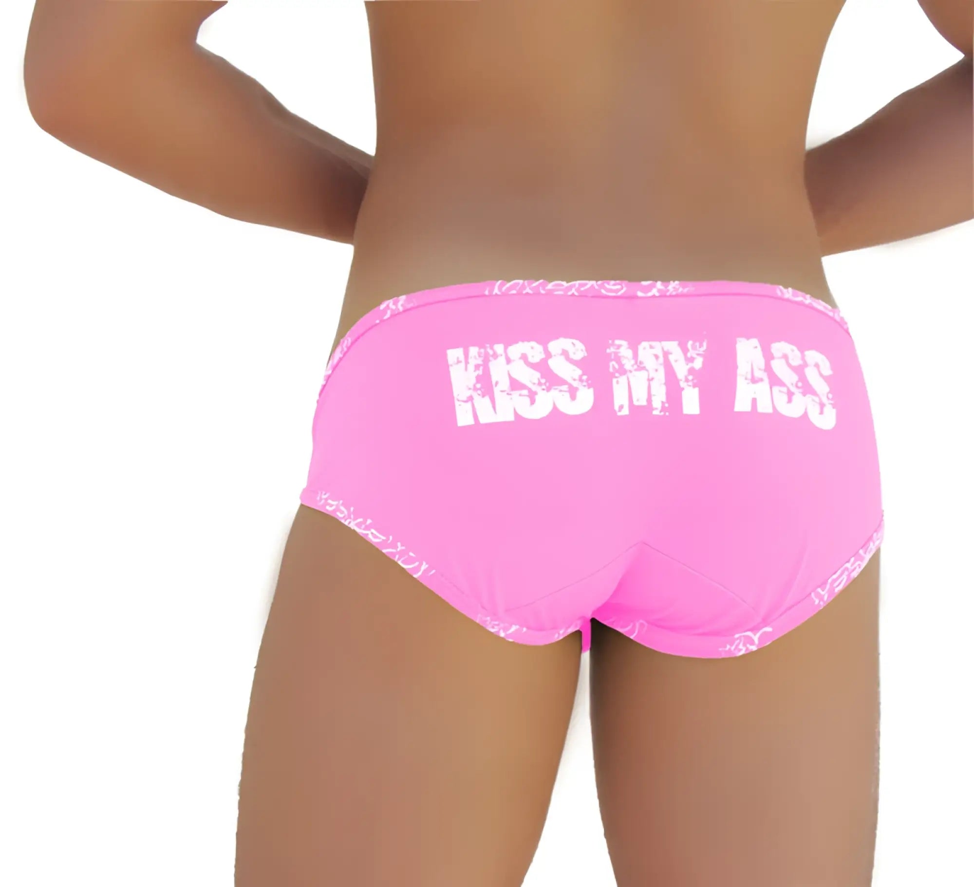 Bright pink icker sea logo trim kiss my ass brief underwear showing the back with bold white text