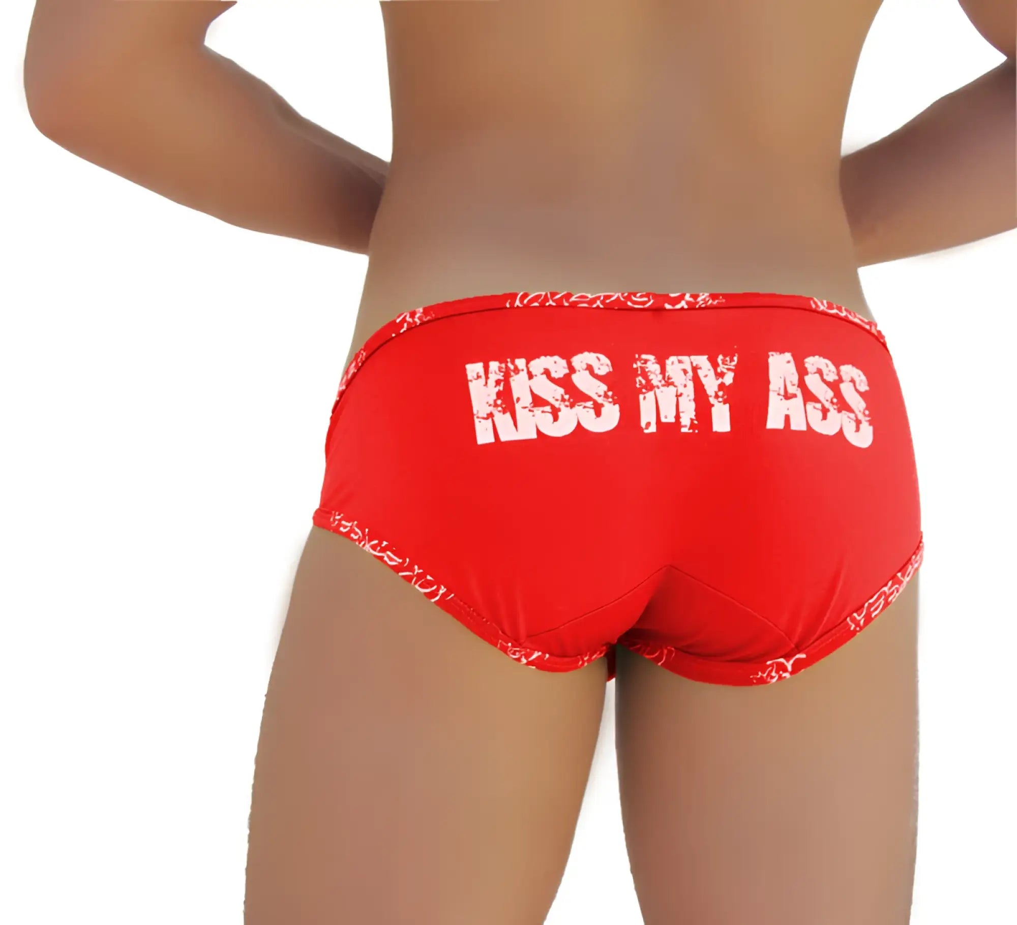 Red icker sea brief underwear featuring white kiss my ass text and a repeating logo trim waistband pattern