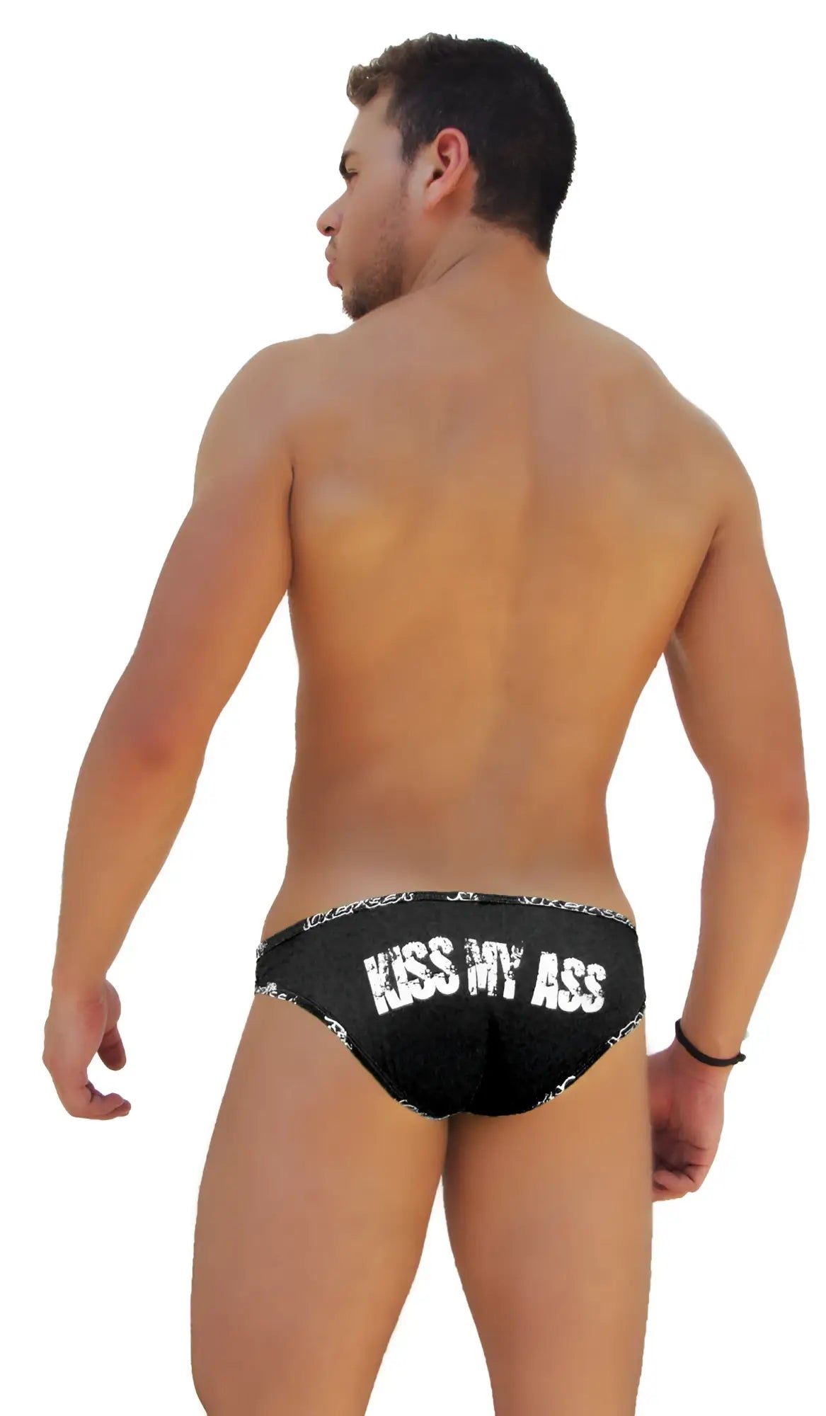 Black icker sea logo trim slip bikini underwear with white kiss my ass text and bandana style waistband pattern