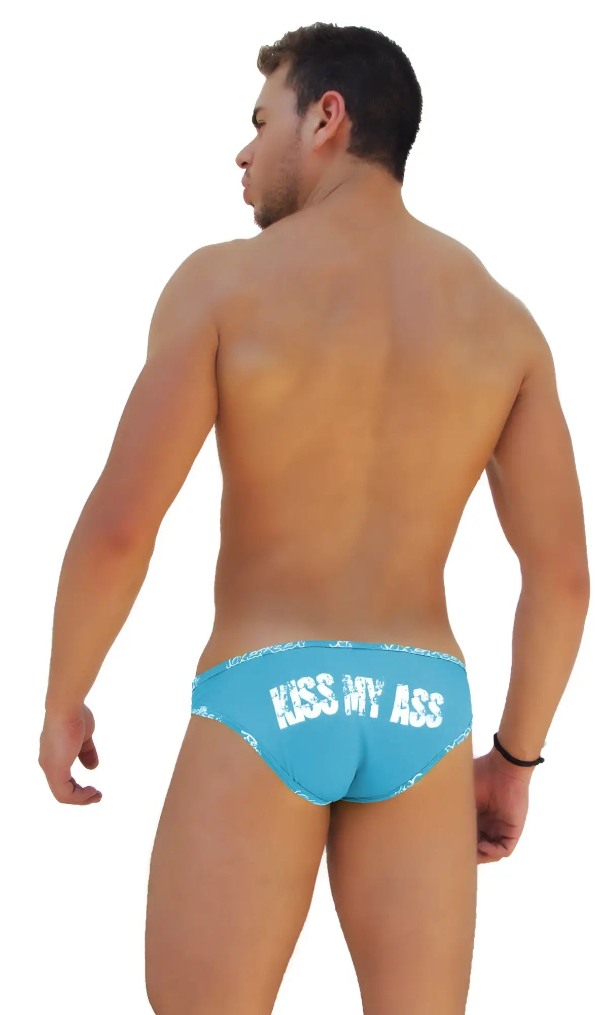 Back side of icker sea blue slip bikini underwear featuring bright swim trunks with white kiss my ass text