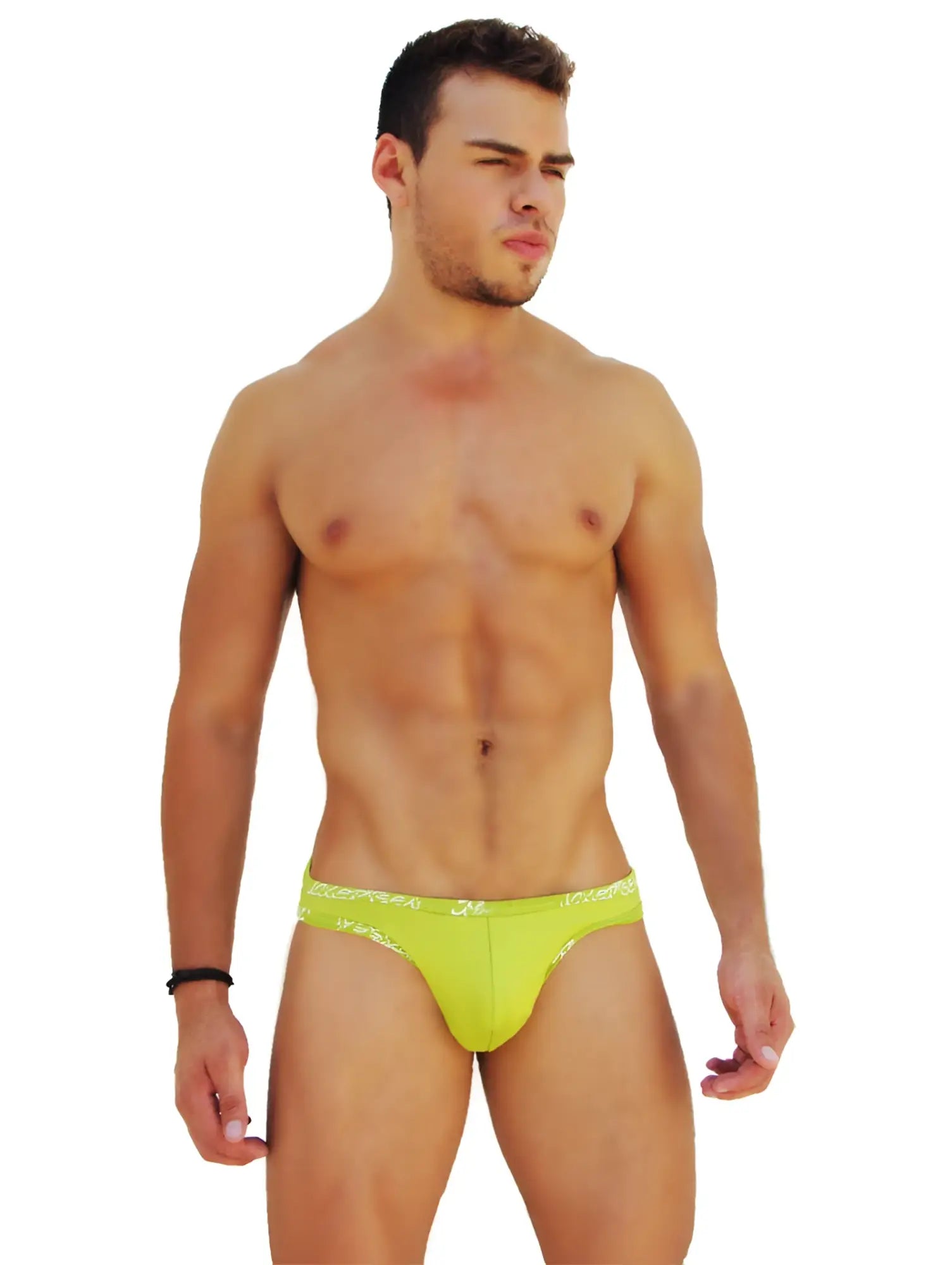 Icker sea logo trim kiss my ass slip bikini underwear in bright lime green with subtle white waistband pattern