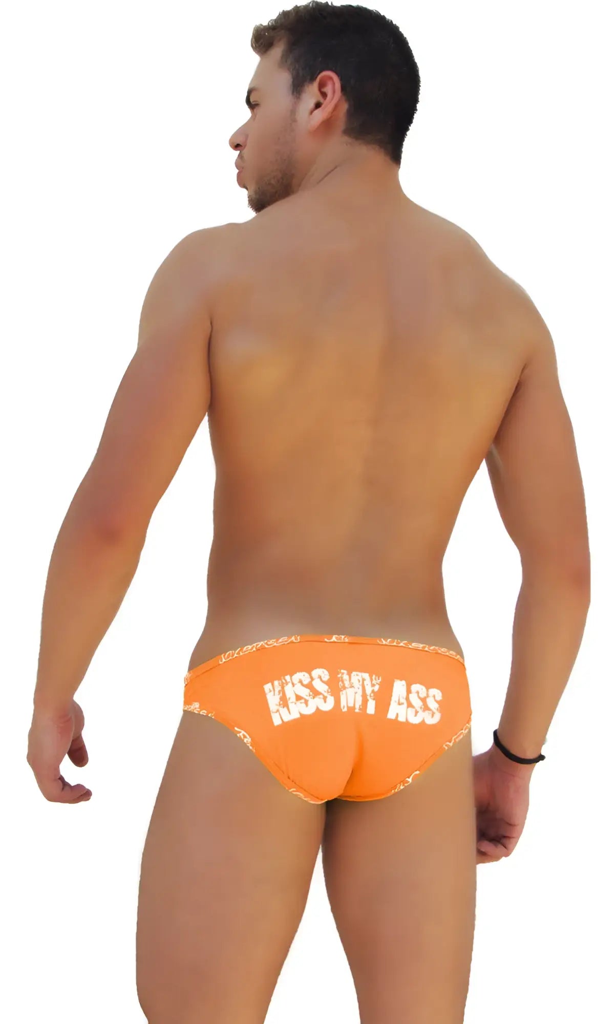 Orange icker sea logo trim kiss my ass slip bikini underwear with white text and decorative waistband pattern