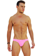 Icker Sea logo trim pink slip bikini underwear with bright pink swim trunks and white waistband pattern