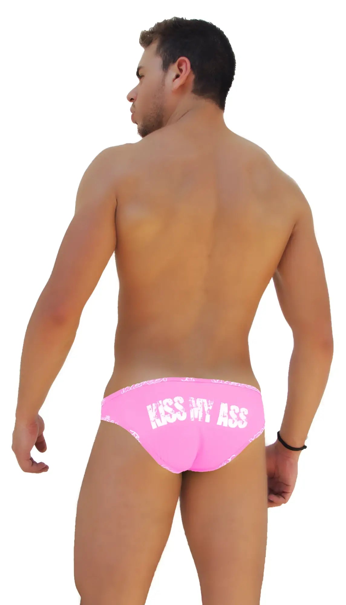 Back side of bright pink Icker Sea logo trim slip bikini underwear featuring white kiss my ass text across the back