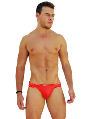 Red men’s briefs icker sea logo trim kiss my ass slip bikini underwear with white logo waistband trim in red