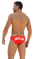 Red icker sea logo trim kiss my ass slip bikini underwear featuring white text and decorative waistband pattern