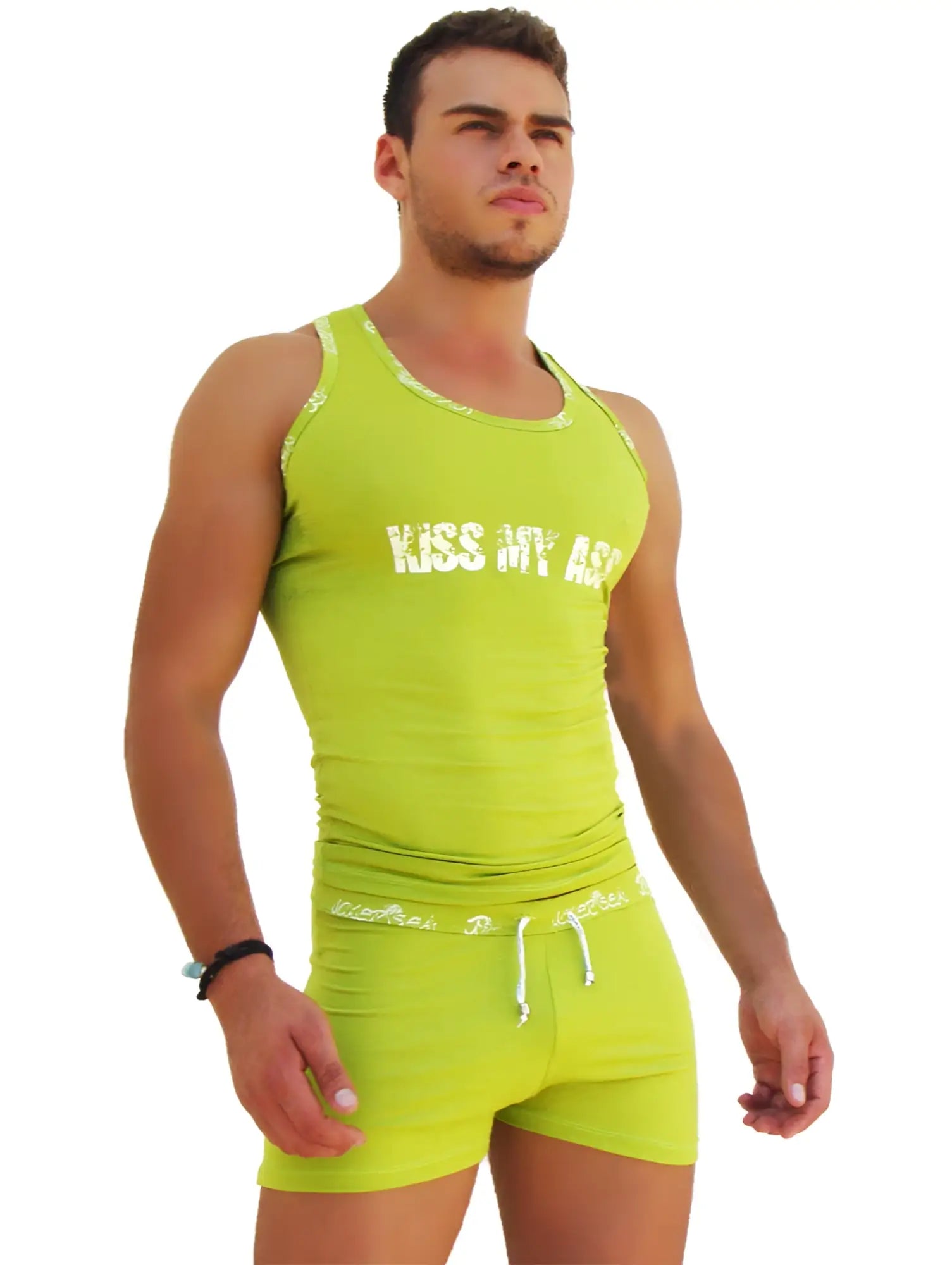 Bright lime green icker sea logo trim tank top with white kiss my ass text across the chest in soft fabric