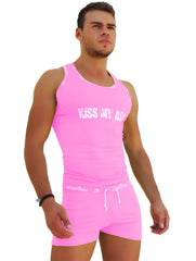 Bright pink icker sea logo trim athletic tank top with white kiss my ass text across the chest