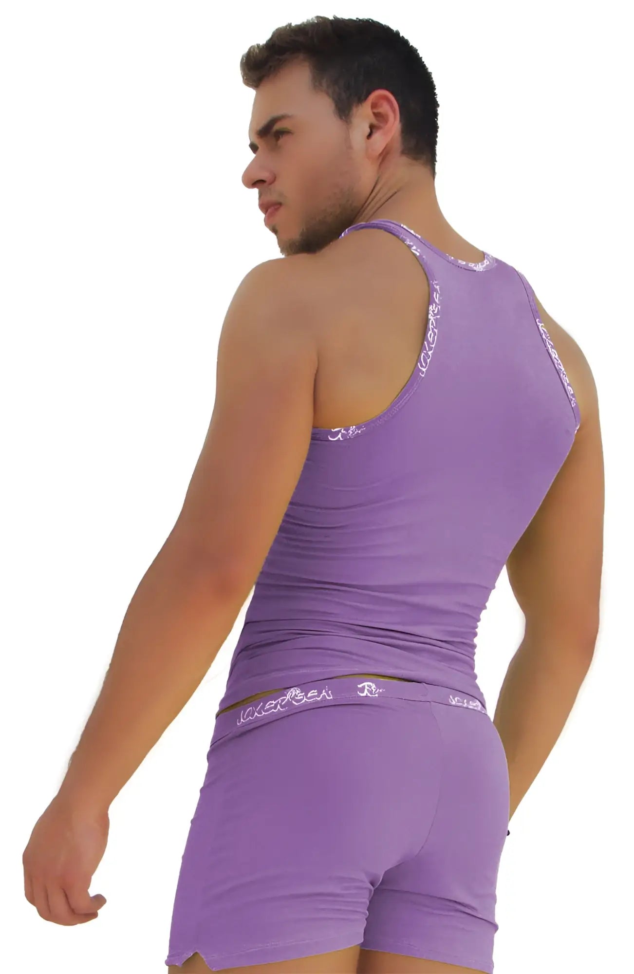 Purple sleeveless tank top with white Icker Sea logo trim on shoulder straps and waistband for casual wear
