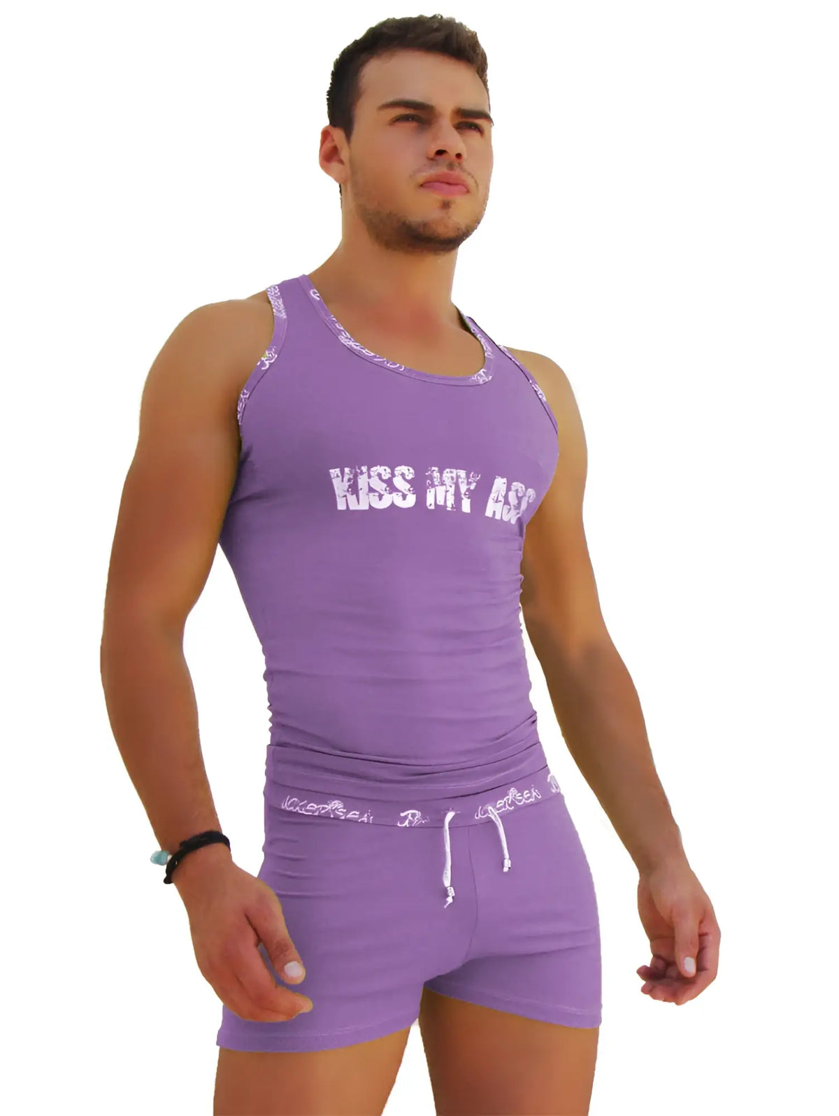 Icker Sea purple sleeveless tank top with kiss my ass white text and matching shorts with drawstring waistband