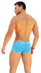 Icker sea bright blue men’s lace front boxer brief underwear with white logo trim along the waistband