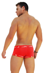 Red men’s briefs with lace front and white icker sea logo patterned waistband for comfortable everyday wear