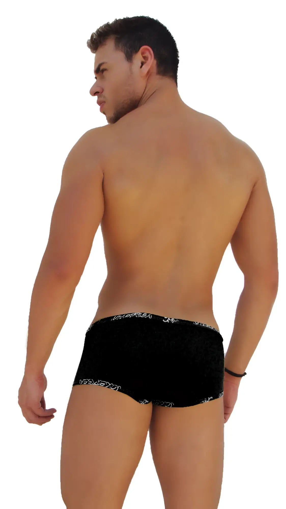 Icker Sea logo trim low boxer brief underwear in black textured fabric with white paisley pattern on waistband and legs