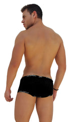 Icker Sea logo trim low boxer brief underwear in black textured fabric with white paisley pattern on waistband and legs