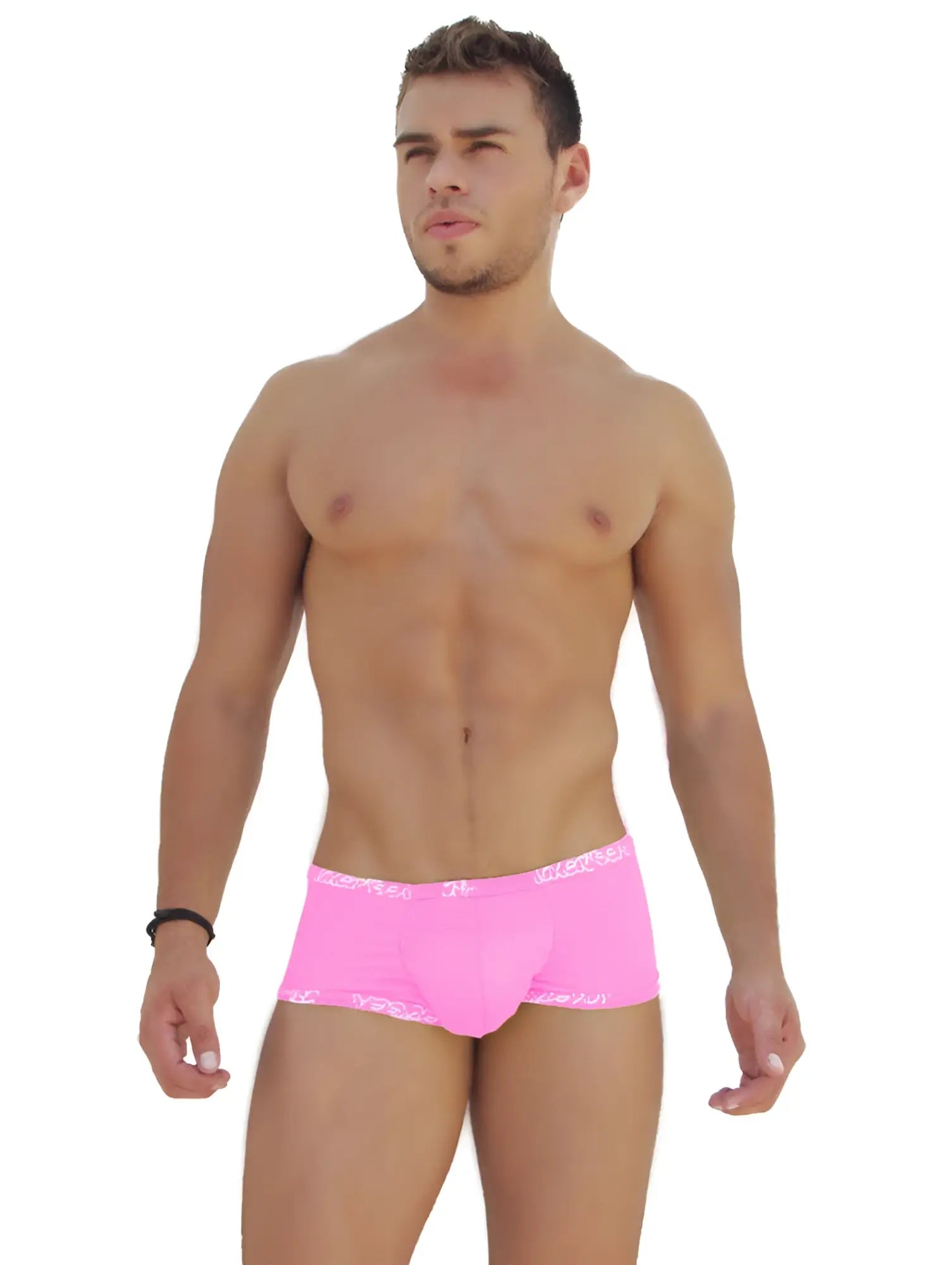 Icker sea logo trim low boxer brief underwear in bright pink with white patterned waistband and leg openings