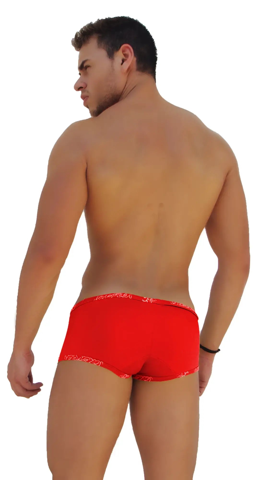 Icker Sea logo trim low boxer brief underwear in red with subtle patterned waistband and leg openings