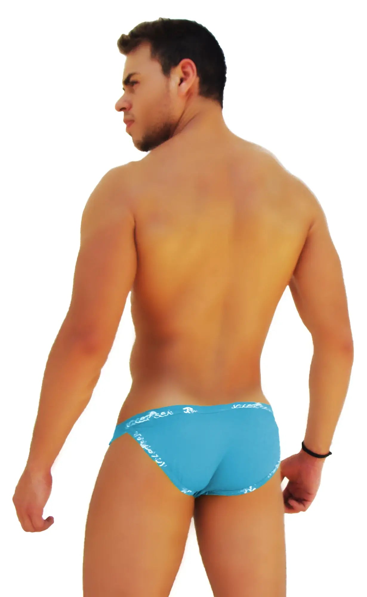 Bright blue icker sea logo trim microslip bikini underwear with white logo pattern along the waistband