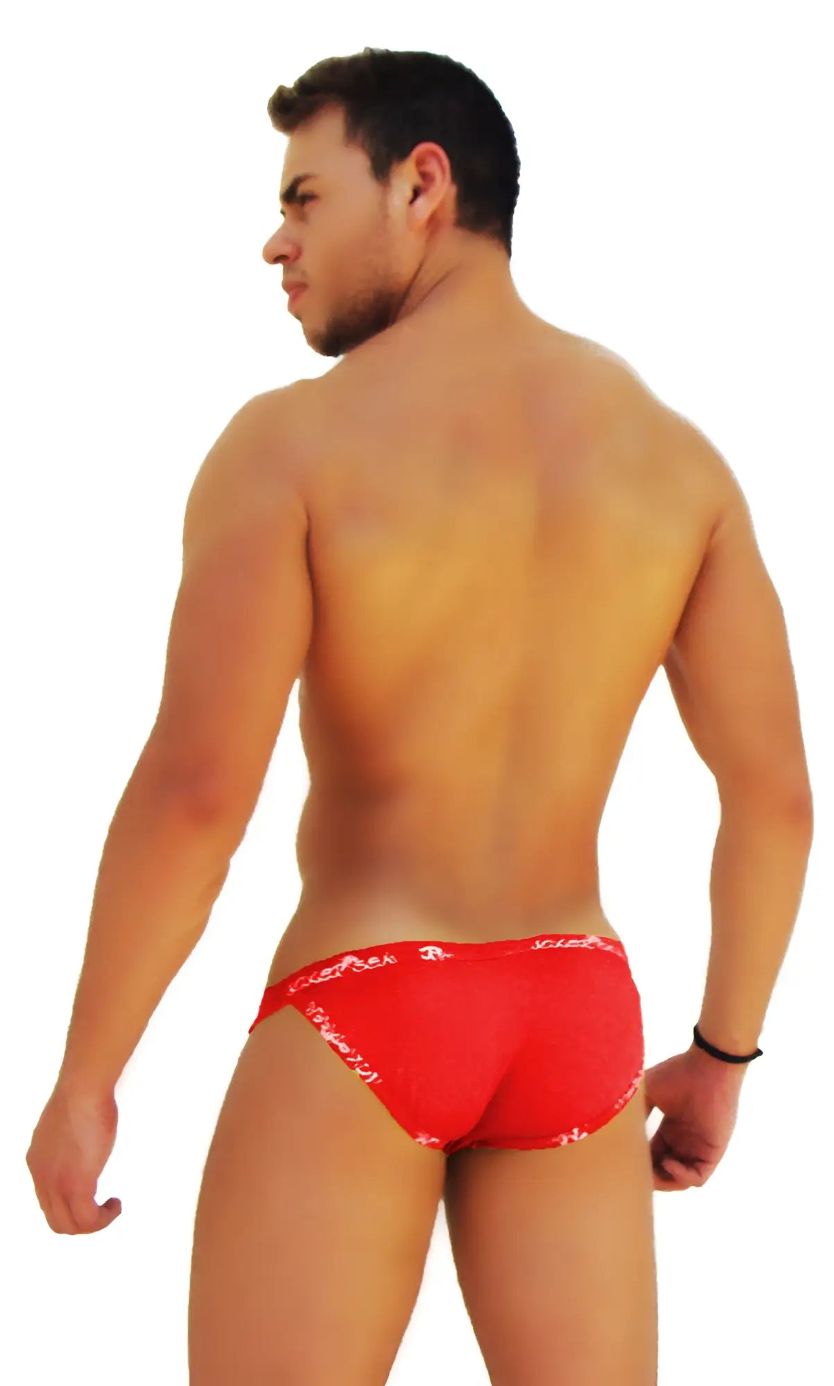 Icker Sea logo trim microslip bikini underwear in red with white patterned trim front view