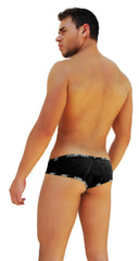Black denim-style mini bikini briefs with white icker sea logo trim on waistband in black cotton fabric
