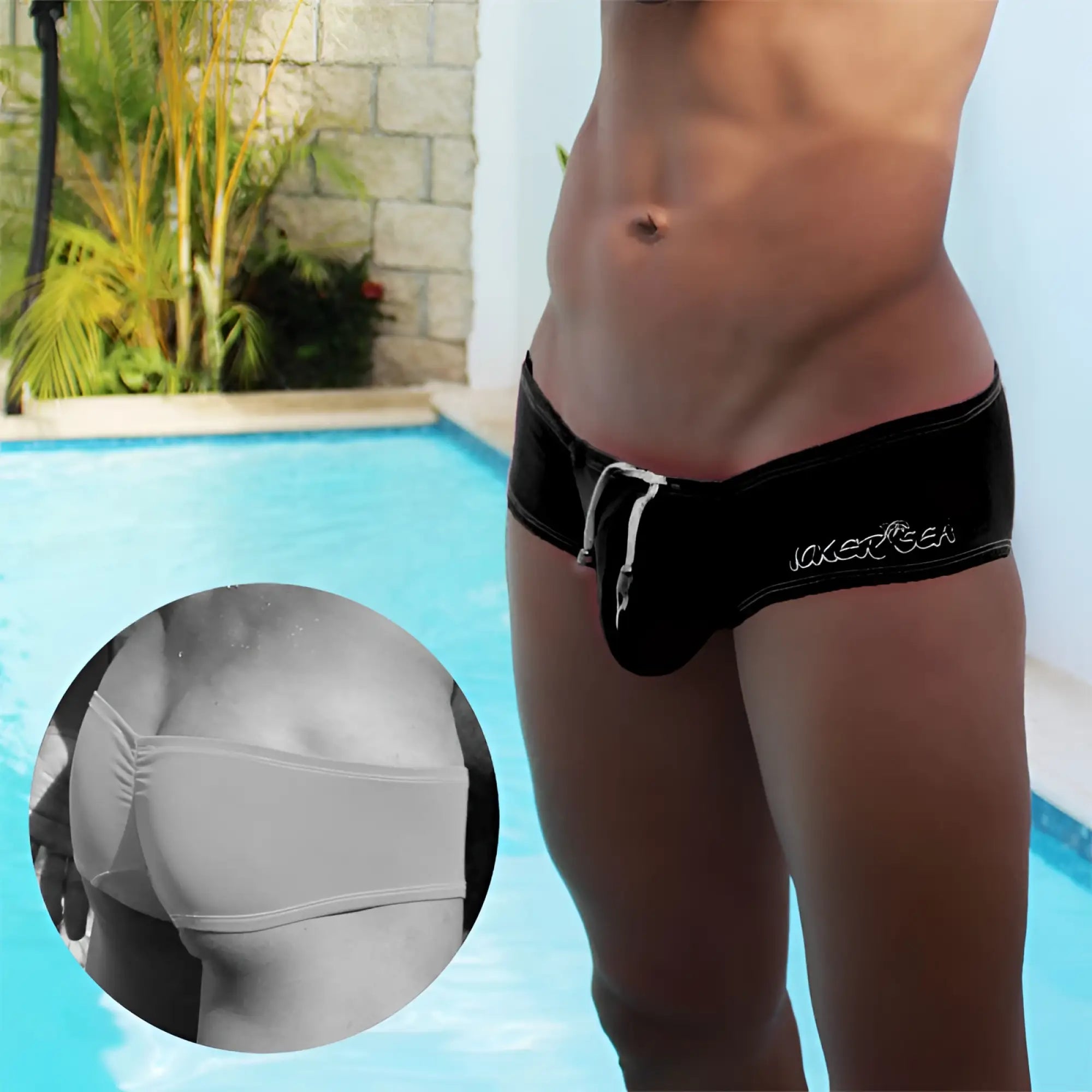 Black Icker Sea low rise scrunched back cheeky mini square cut trunk swimwear with white drawstring and laker sen embroidery
