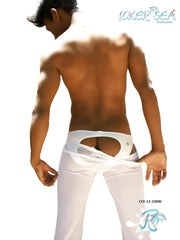White satin briefs with cutout design and small logo on waistband from icker sea mesh beach pants white coi 12 100w collection