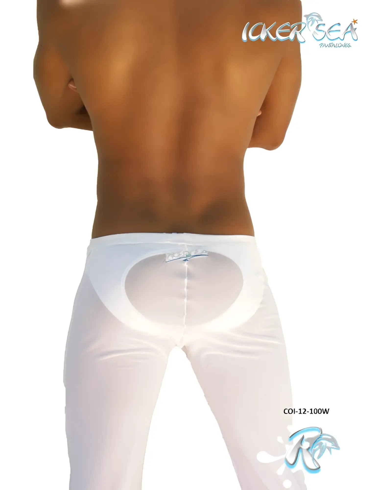 Back view of icker sea mesh beach pants white satin fabric with sheer oval back panel and subtle waistband branding