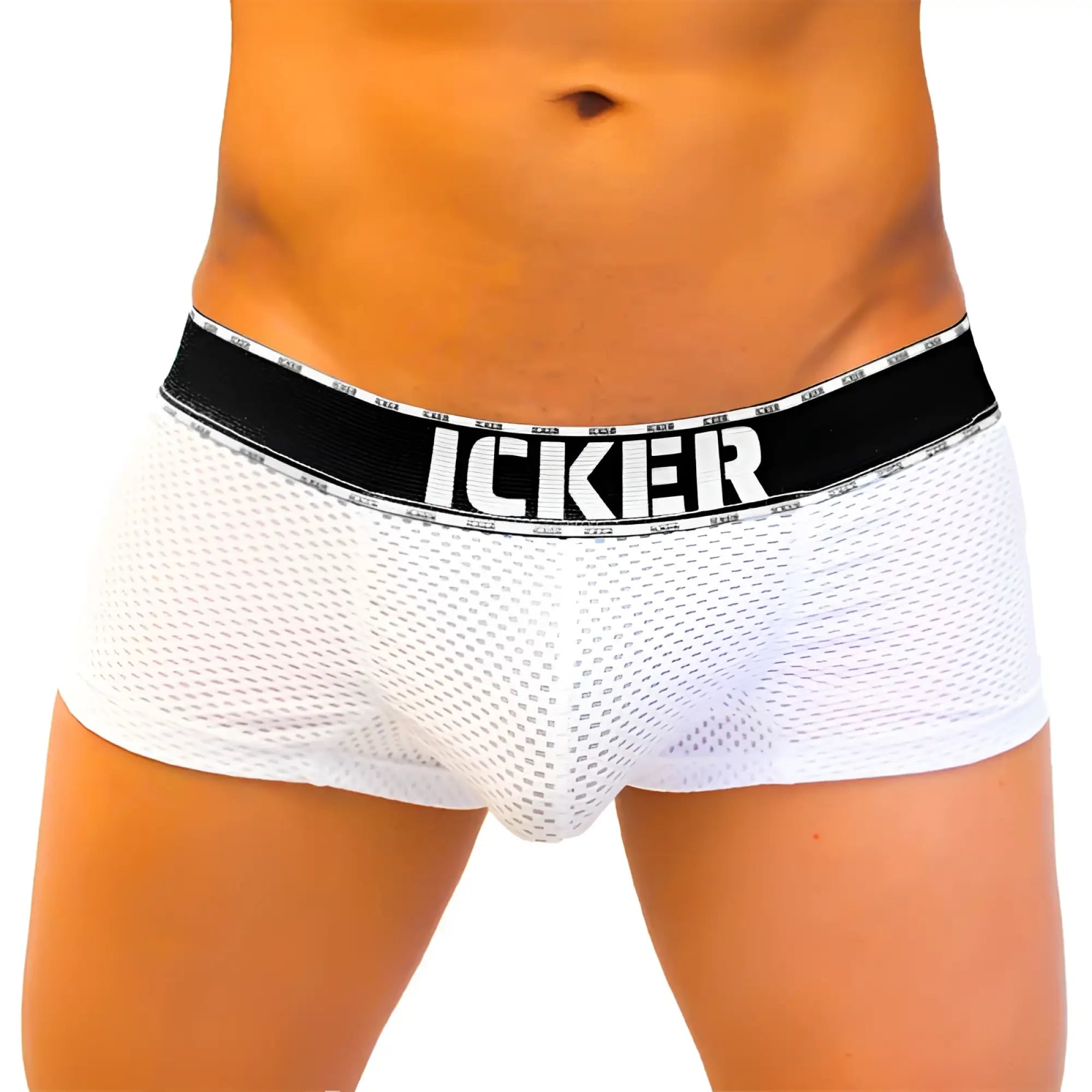 White mesh boxer briefs with black icker waistband featuring bold white lettering for breathable comfort