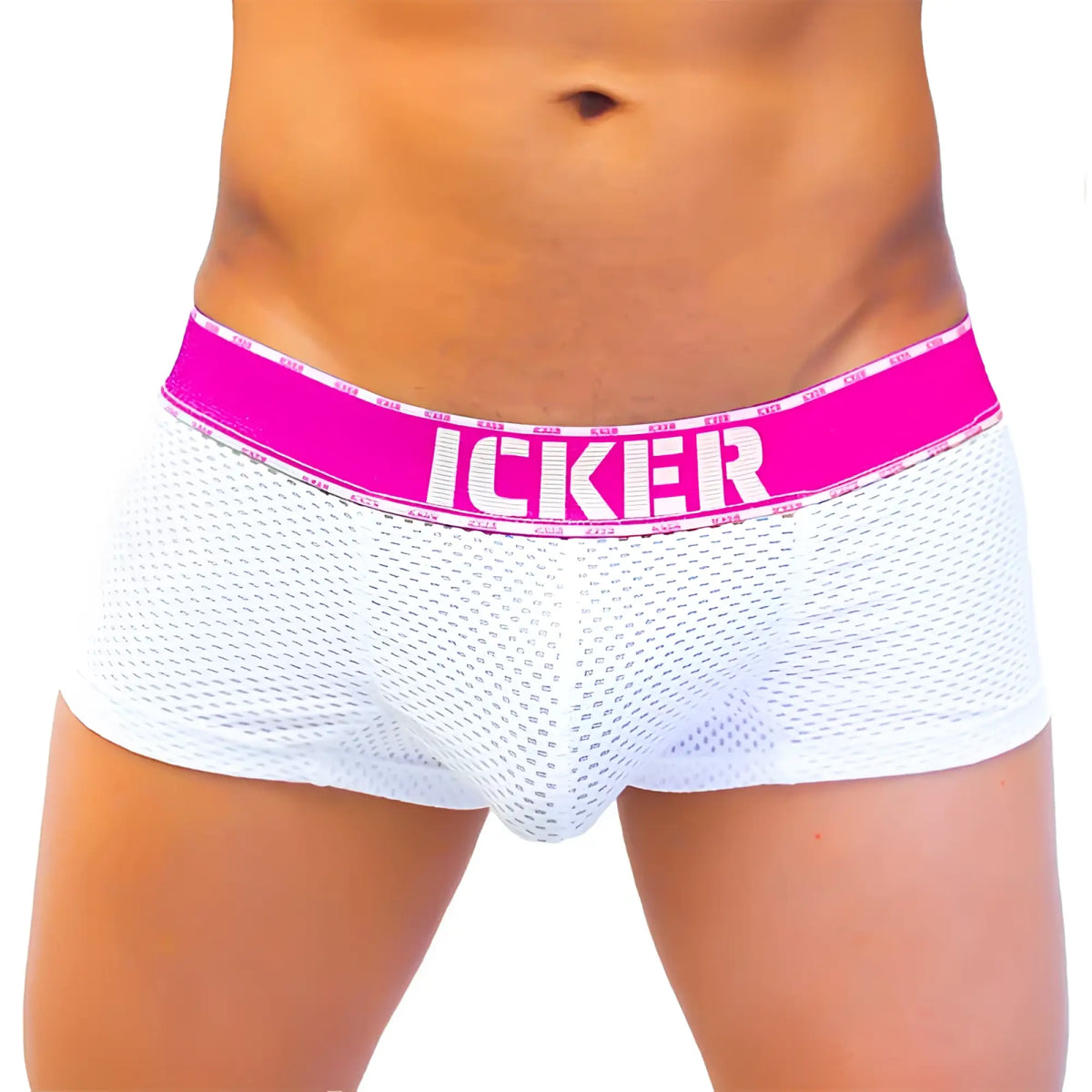 White mesh men’s boxer brief underwear with fuchsia waistband and icker branding sea mesh contrast COI-22-04