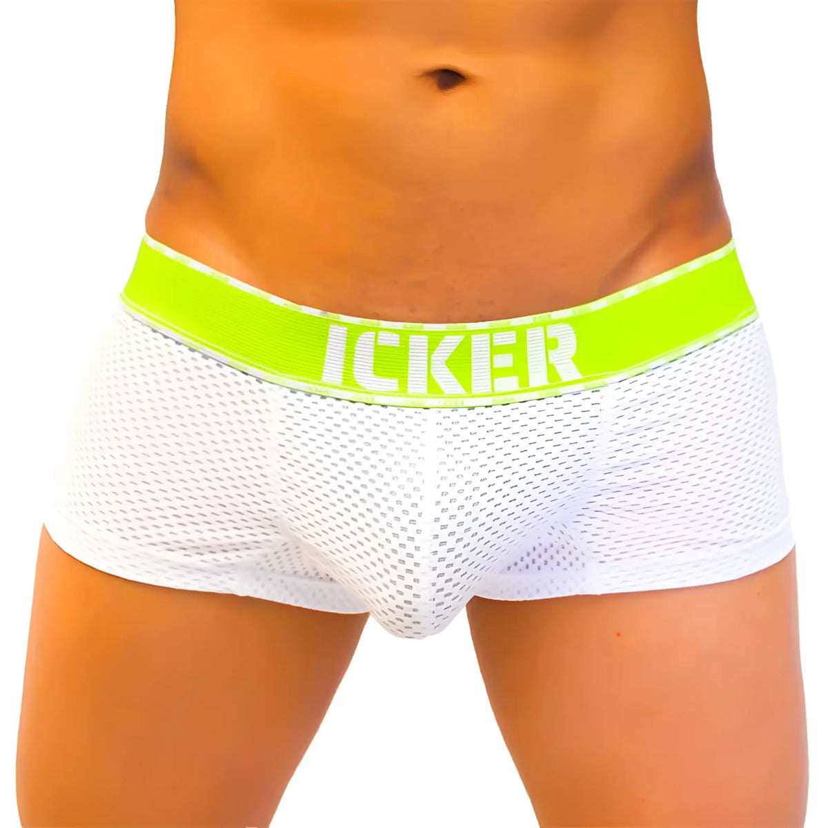 Icker sea mesh contrast boxer brief underwear green with white mesh and lime green waistband in front view