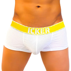 White mesh men’s briefs with bright yellow waistband featuring icker branding for breathable comfort