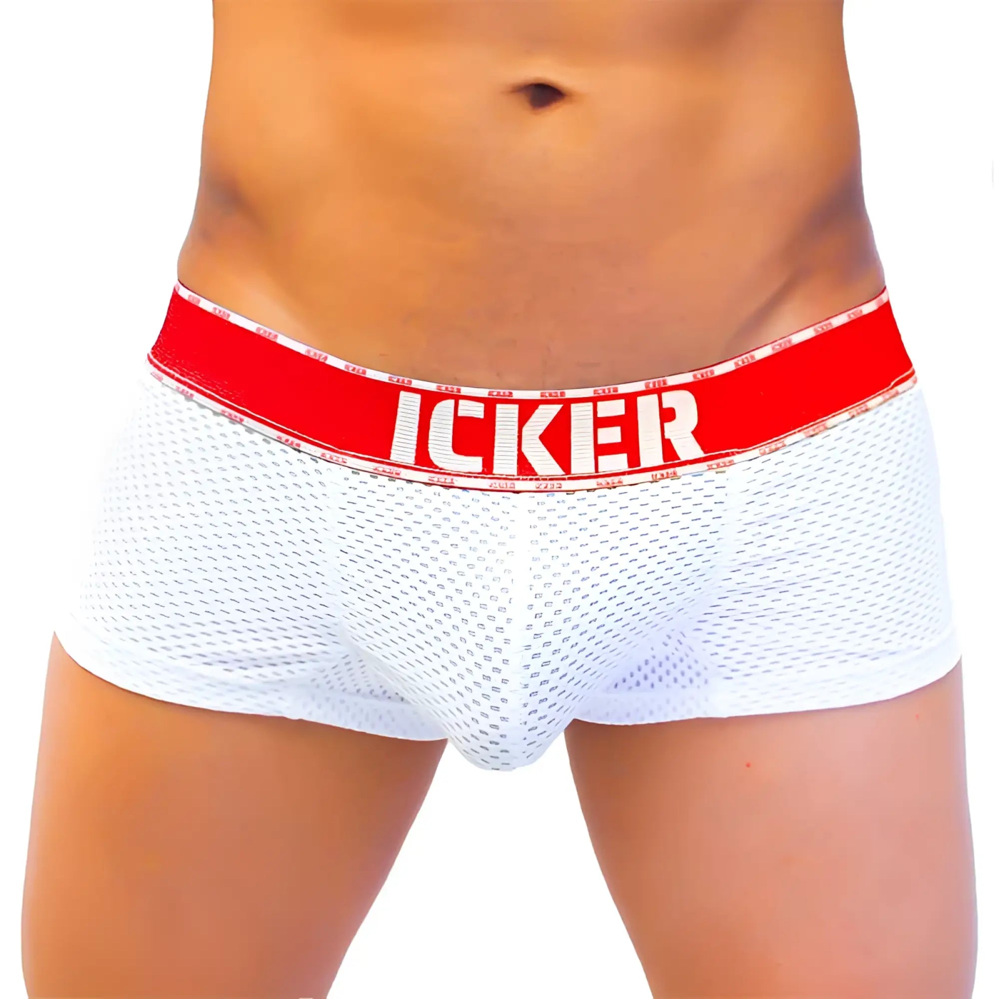 White mesh icker sea mesh contrast boxer brief underwear with bold red waistband and white icker branding